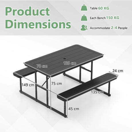 Picnic Table Bench Set with Umbrella Hole for 2-4 People-Black