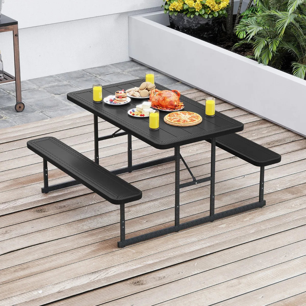Picnic Table Bench Set with Umbrella Hole for 2-4 People-Black