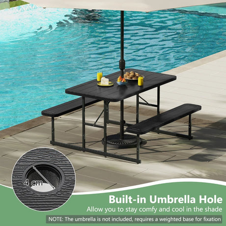 Picnic Table Bench Set with Umbrella Hole for 2-4 People-Black