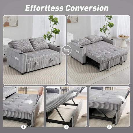 HOMCOM 2 Seater Click Clack Sofa Bed with Pull Out Design, Corduroy Upholstery - Light Grey