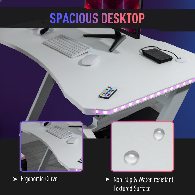 HOMCOM RGB 120 x 66cm Gaming Desk, Computer Table with Carbon Fibre Surface, Headphone Hook, Cup Holder, Controller Rack, Home Office Desk, White