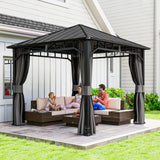 Outsunny 3 x 3(m) Hardtop Gazebo with Galvanised Steel Roof and Water Gutter, Waterproof Permanent Pavilion Garden Gazebo with Netting and Curtains for Patio, Deck