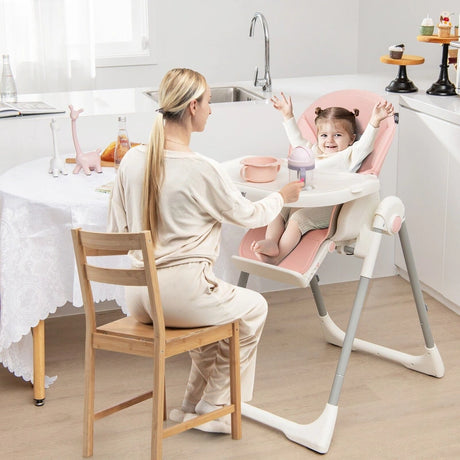 4-in-1 Foldable Baby High Chair with 7 Adjustable Heights and 4 Reclining Angles-Pink