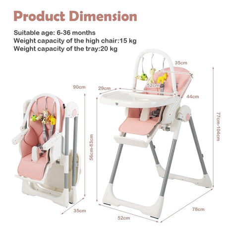 4-in-1 Foldable Baby High Chair with 7 Adjustable Heights and 4 Reclining Angles-Pink