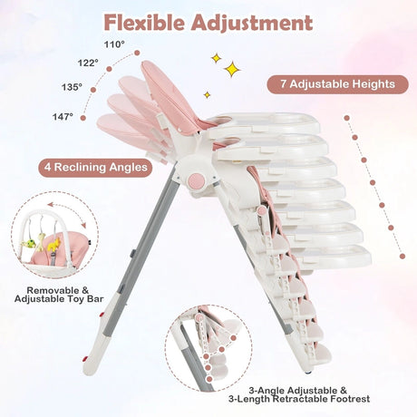 4-in-1 Foldable Baby High Chair with 7 Adjustable Heights and 4 Reclining Angles-Pink