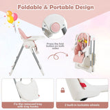 4-in-1 Foldable Baby High Chair with 7 Adjustable Heights and 4 Reclining Angles-Pink