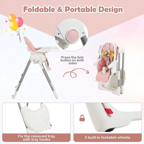 4-in-1 Foldable Baby High Chair with 7 Adjustable Heights and 4 Reclining Angles-Pink