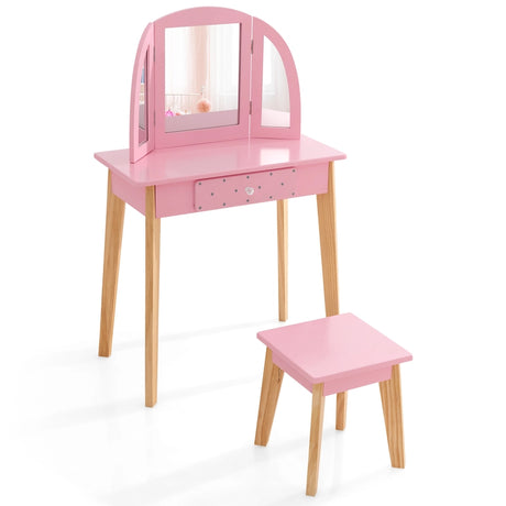 2-in-1 Kids' Vanity Set with Tri-folding Mirror for Girls Aged 3 - 7 Years Old-Pink