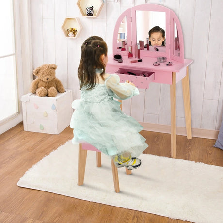 2-in-1 Kids' Vanity Set with Tri-folding Mirror for Girls Aged 3 - 7 Years Old-Pink