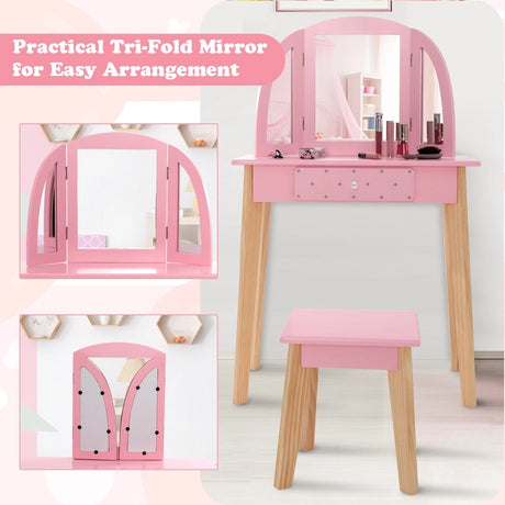 2-in-1 Kids' Vanity Set with Tri-folding Mirror for Girls Aged 3 - 7 Years Old-Pink