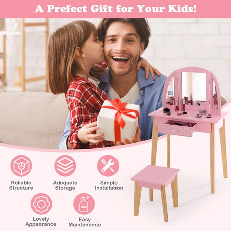 2-in-1 Kids' Vanity Set with Tri-folding Mirror for Girls Aged 3 - 7 Years Old-Pink