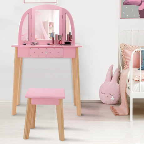 2-in-1 Kids' Vanity Set with Tri-folding Mirror for Girls Aged 3 - 7 Years Old-Pink
