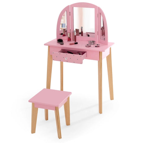 2-in-1 Kids' Vanity Set with Tri-folding Mirror for Girls Aged 3 - 7 Years Old-Pink