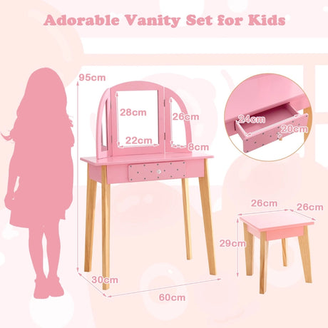 2-in-1 Kids' Vanity Set with Tri-folding Mirror for Girls Aged 3 - 7 Years Old-Pink