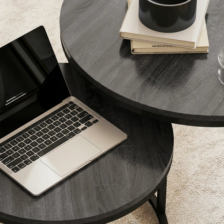 HOMCOM Set of Two Wood-Effect Stacking Tables - Black Wood Grain