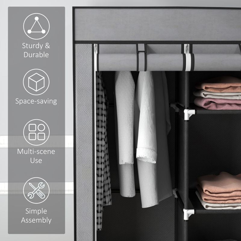 HOMCOM Fabric Wardrobe for Bedroom, Portable Wardrobe with 5 Shelves, 2 Hanging Rails and 3 Fabric Drawers, Foldable Closet, 125 x 43 x 162.5cm, Dark Grey