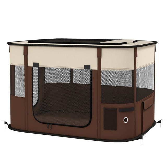 PawHut Foldable Dog Pen with Storage Bag for Indoor/Outdoor Use, Portable Pet playpen, with Ground Stakes - Brown