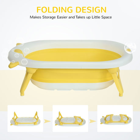 HOMCOM Foldable Baby Bathtub Set, Collapsible Bath Tub with Thermostatic Water Plug, Non-Slip Support, Cushion Pad, Drain Plugs, for Newborn to 3 Years - Yellow