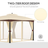 Outsunny 4 x 3(m) Patio Metal Gazebo, Garden Canopy Shelter with Double Tier Roof, Removable Netting and Curtains Marquee Tent, Khaki