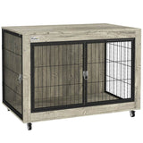 PawHut Dog Crate Furniture with Wheels, Double Doors, for Large Dogs, 100 x 60 x 73.5cm, Grey