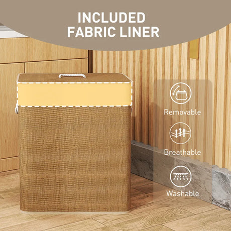 HOMCOM Double Laundry Basket with Lid, 100L Bamboo Laundry Hamper with Rope Handles, Washing Basket with Removable Liner for Bathroom, Bedroom, Brown