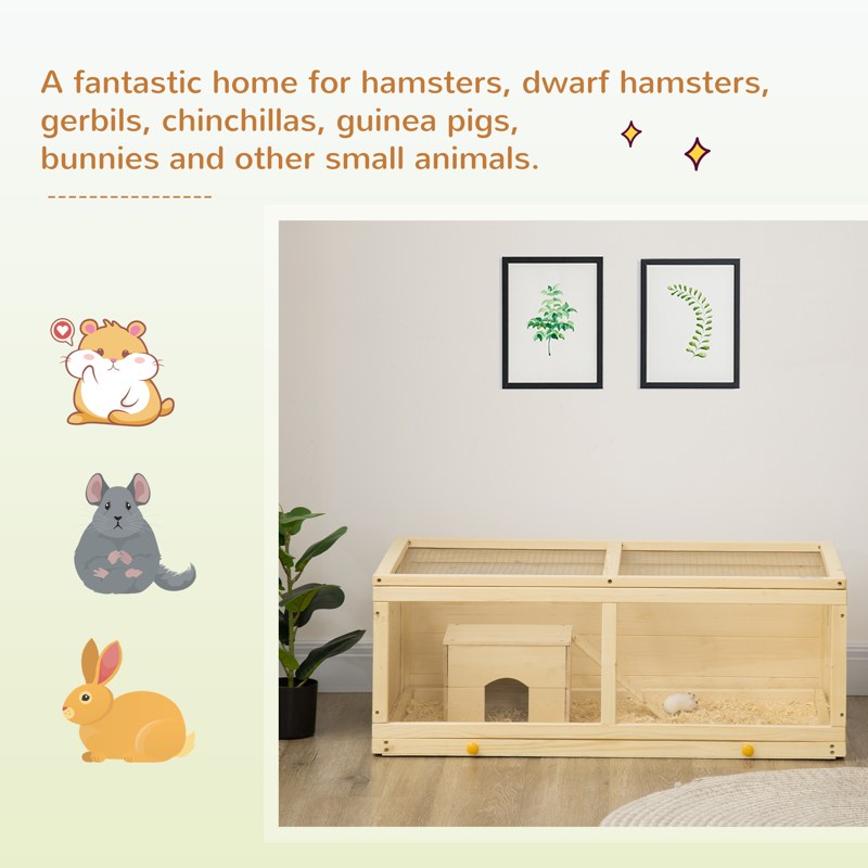 PawHut Wooden Hamster Cage with Sliding Tray, Openable Top, Hut for Syrian Hamsters, Natural Wood