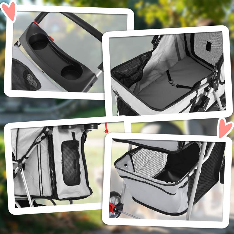 PawHut Pet Stroller for Small Miniature Dogs Cats Foldable Travel Carriage with Wheels Zipper Entry Cup Holder Storage Basket Grey