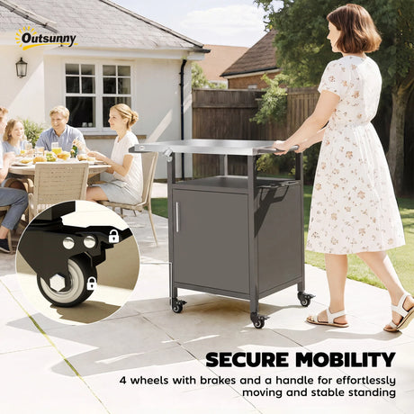 Outsunny Grill Cart with Stainless Steel Top, Pizza Oven Stand with Cabinet, Spice Rack, Towel Holder, Bottle Opener, Brown