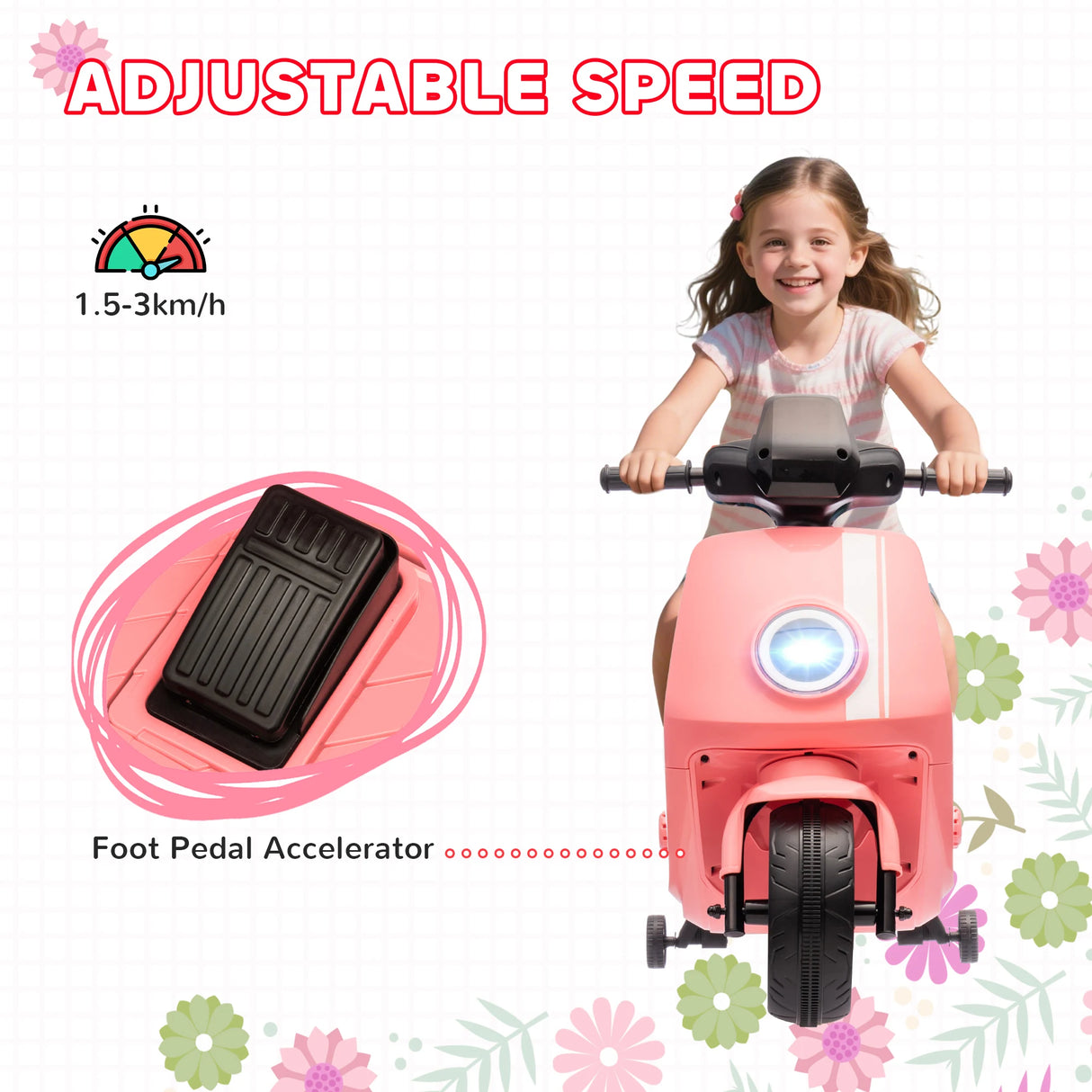 AIYAPLAY 6V Ride on Motorbike, Kids Electric Motorbike w/ Headlights, Music, Training Wheels, for Ages 18-36 Months, Pink