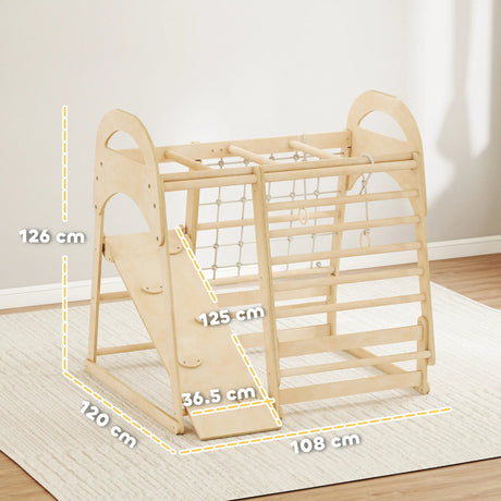 AIYAPLAY 6 in 1 Kids Climbing Frame with Slide, Monkey Bars, Gymnastics Rings, Ladder, Climbing Net, for 3-6 Years, Natural Tone