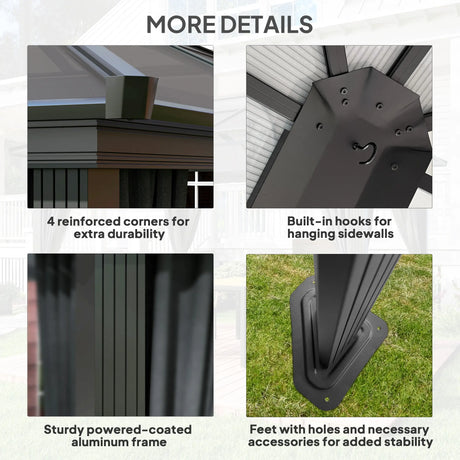 Outsunny 3 x 3.6m Hardtop Gazebo Canopy with Polycarbonate Roof, Aluminium Frame, Permanent Pavilion Garden Gazebo with Netting and Curtains for Patio, Deck, Dark Grey