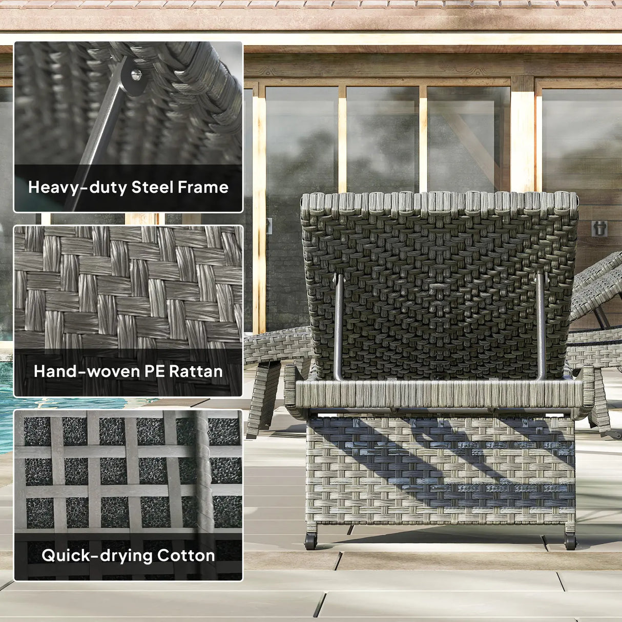 Outsunny Outdoor PE Rattan Sun Lounger, Folding Wicker Garden Lounger Recliner with 4-Level Adjustable Backrest, Rolling Sunbed Lounge Chair with Wheels, Non-Slip Legs for Balcony, Beach, Mixed-grey