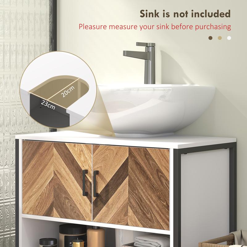 HOMCOM Under Sink Bathroom Cabinet, Rustic Under Sink Cabinet with Herringbone Doors and Open Compartment for Basin with or without Pedestal, 80 x 40 x 60cm, Cream White