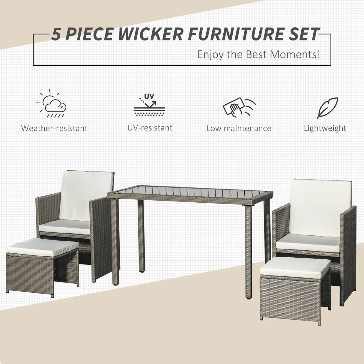 Outsunny 2 Seater Rattan Cube Garden Furniture Set, Rattan Dining Set with Cushions, Outdoor Dining Table and Chairs with 2 Armchairs, 2 Stools, Rectangular Glass Top Table for Patio, Balcony, Grey