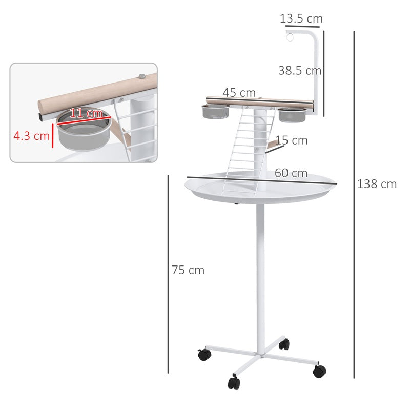 PawHut Bird Stand with Four Wheels, Perches, Stainless Steel Feed Bowls, Round Tray, for Garden, Indoor, Outdoor - White