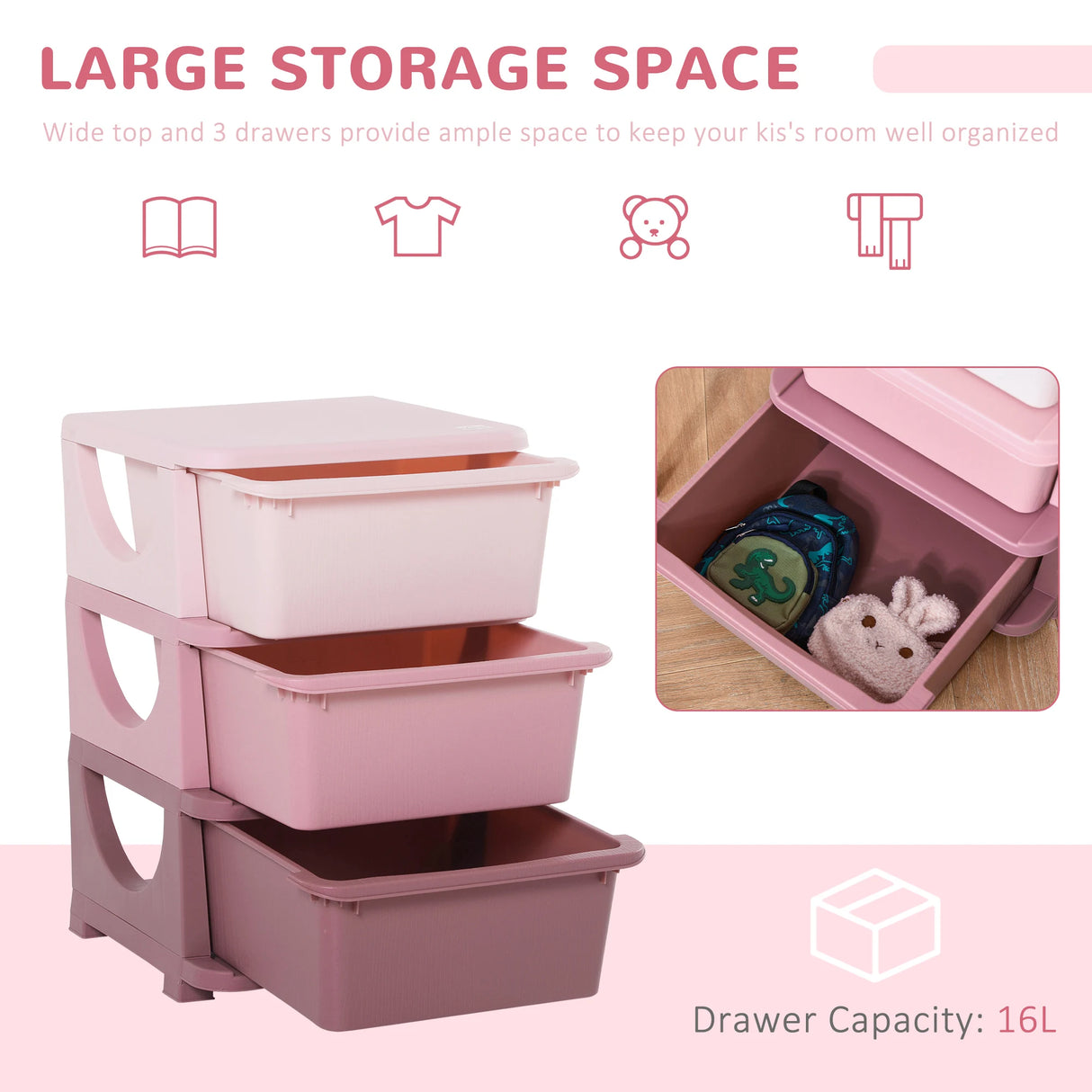 HOMCOM 3 Drawers Plastic Storage Units, 3 Tier Kids Storage Units, Children Toy Chest for Nursery, Playroom, Bedroom, Pink