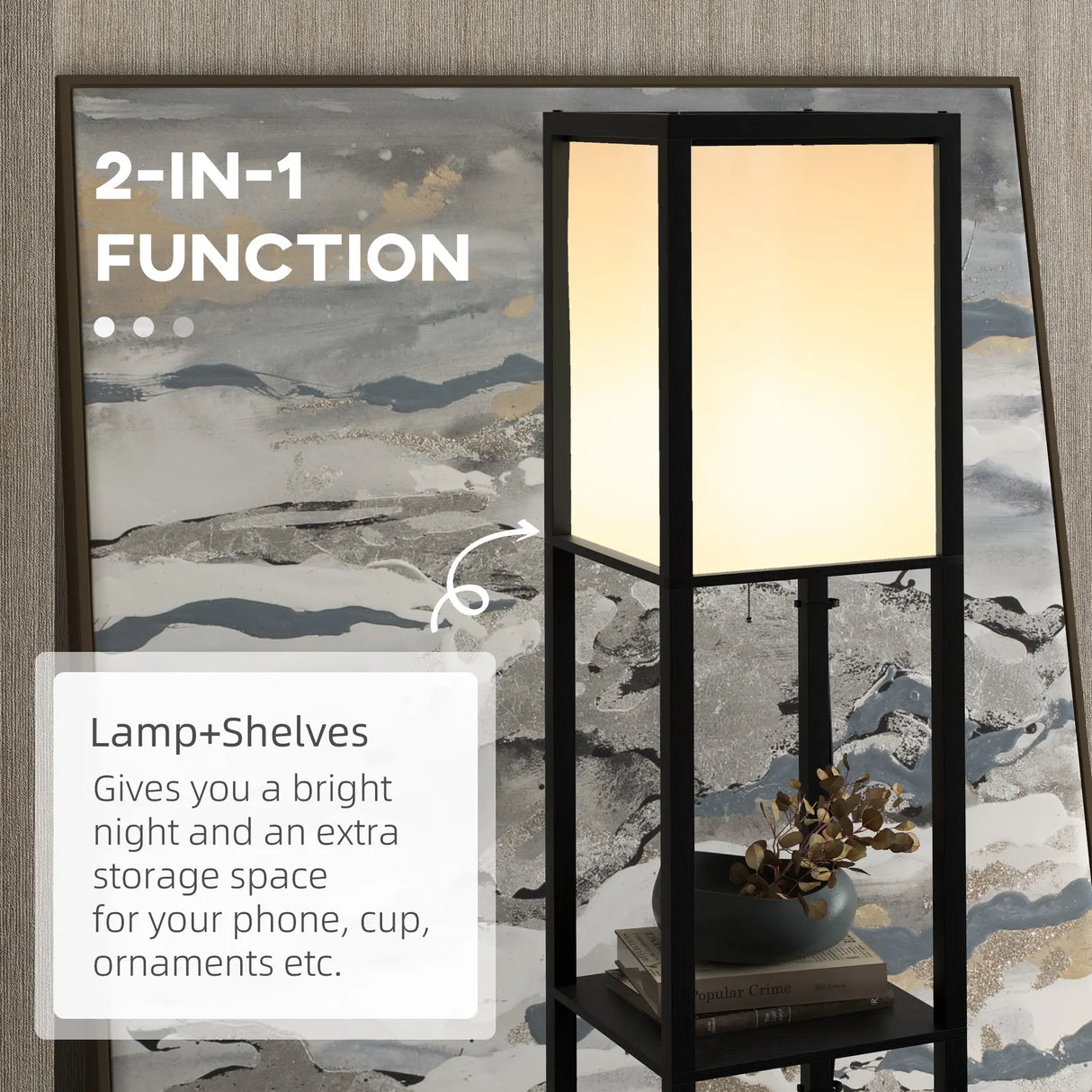 HOMCOM Modern Shelf Floor Lamp with Dual Ambient Light, Standing Lamp Living Room, Bedroom, 156cm, Black