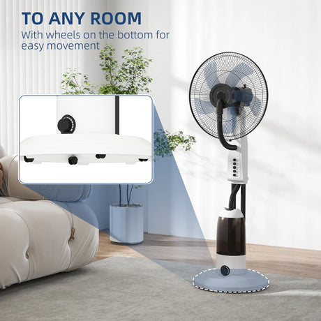 HOMCOM Spray Misting Fan, Floor Fan with Water Mist Spray, 70 Oscillation, Tilt Head, 3 Speeds, 2.8L Water Tank, White