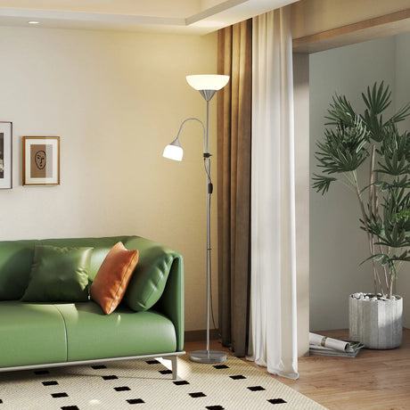 HOMCOM LED Floor Lamp for Living Room, 180cm Tall Standing Lamp, Mother and Child Uplighter with Adjustable Gooseneck, Silver Tone
