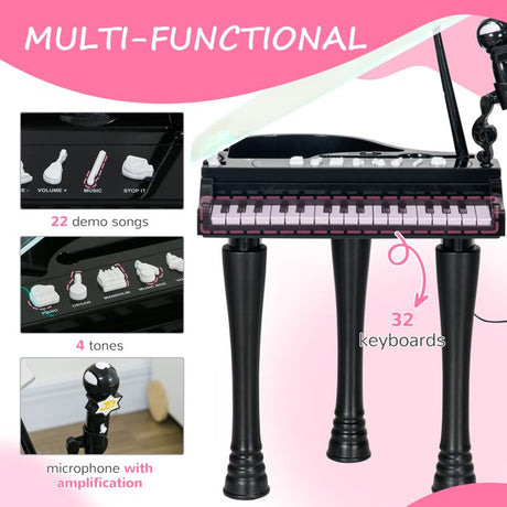 AIYAPLAY 32-Key Kids Piano Keyboard, with Stool, Lights, Microphone, Sounds, Removable Legs - Black