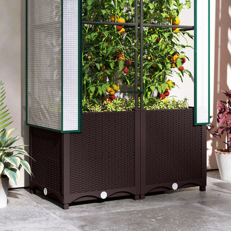 Outsunny Raised Garden Bed with Trellis, Plastic Planter Box with PE Cover, Drainage Holes, Drain Plugs and Water Reservoirs for Climbing Plants, Vegetables, Flowers, 80 x 40 x 140 cm
