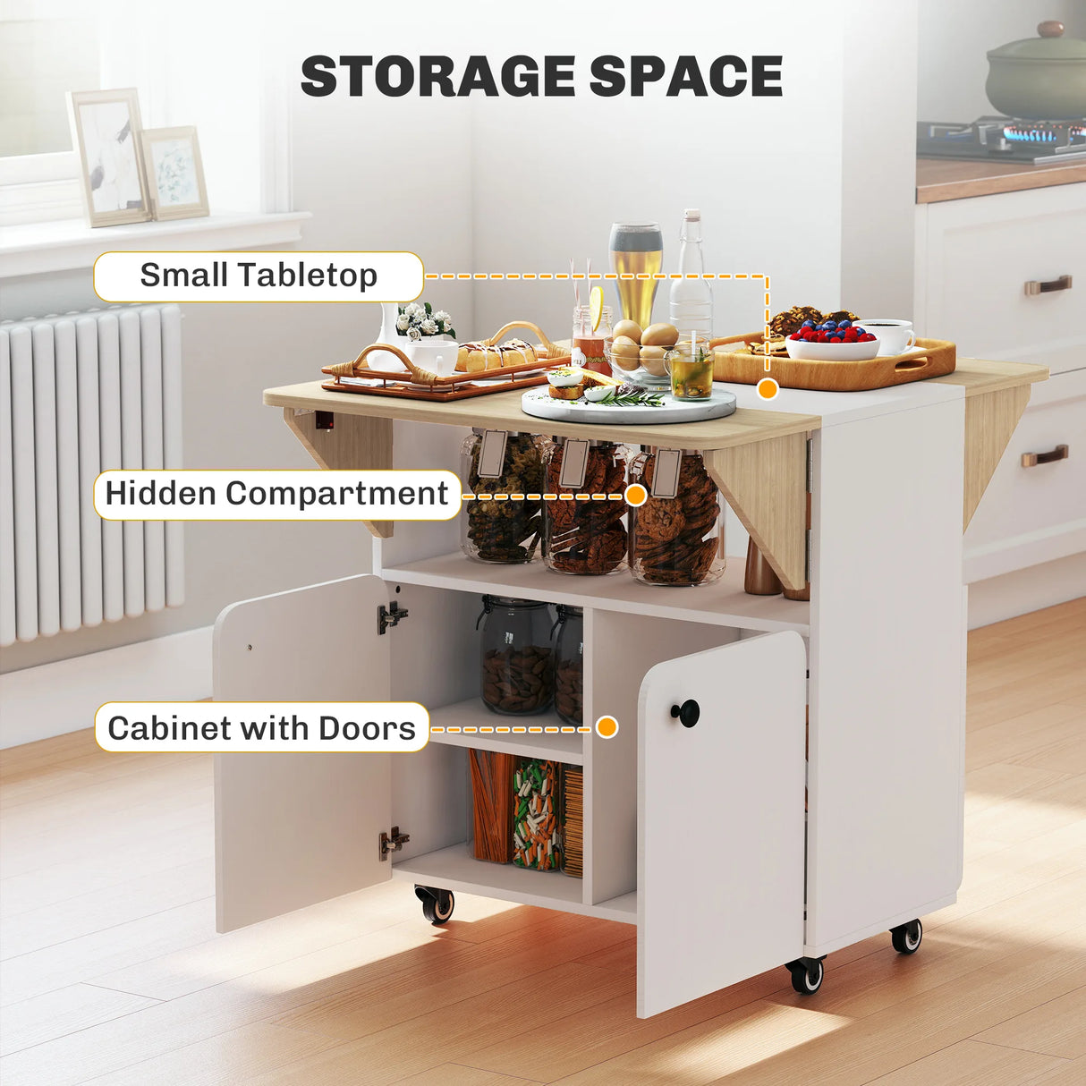 HOMCOM Folding Dining Table, Rolling Drop Leaf Table with Hidden Shelf & Cabinet for Dining Room, Small Spaces, White