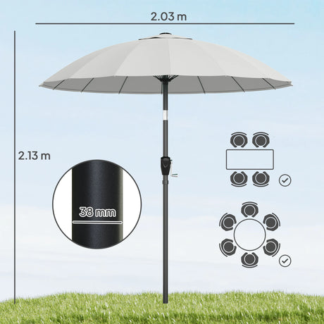 Outsunny 2 m Shanghai Garden Parasol Umbrella with 16 Fibreglass Ribs, Outdoor Parasol Sun Shade with Crank & Tilt, Light Grey