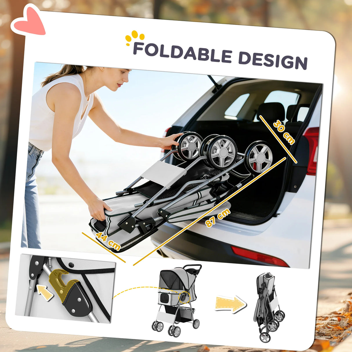 PawHut Dog Pram, Pet Stroller with Reflective Strips, Foldable Cat Stroller with 360 Swivel Wheels, Grey