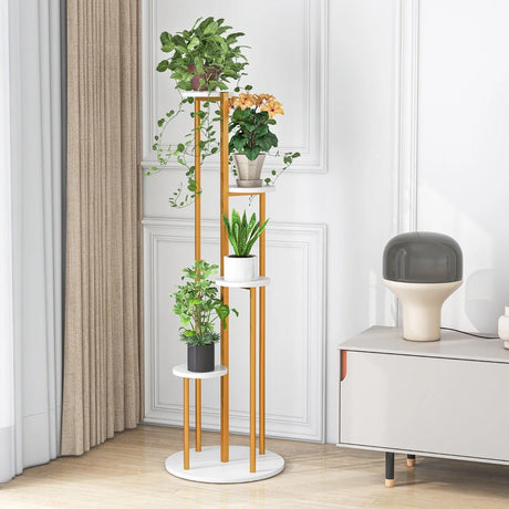 Indoor Metal Plant Stand Corner Plant Shelf for Potted Plant with Golden Metal Frame-White
