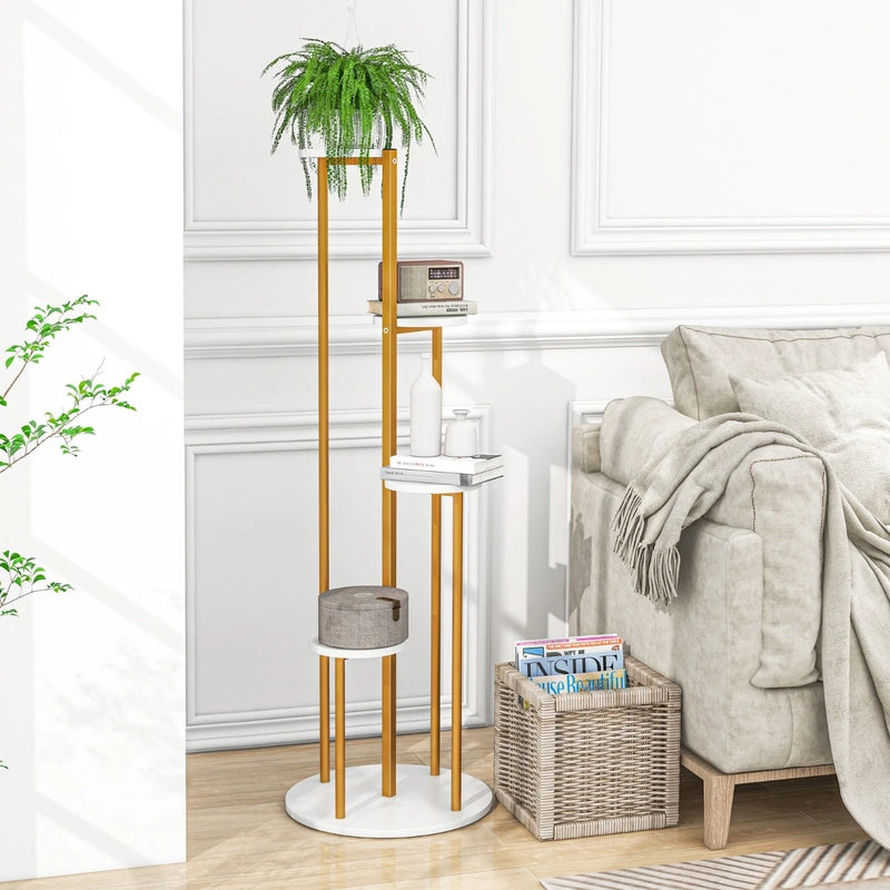 Indoor Metal Plant Stand Corner Plant Shelf for Potted Plant with Golden Metal Frame-White