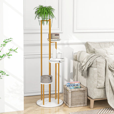 Indoor Metal Plant Stand Corner Plant Shelf for Potted Plant with Golden Metal Frame-White
