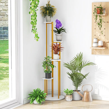 Indoor Metal Plant Stand Corner Plant Shelf for Potted Plant with Golden Metal Frame-White