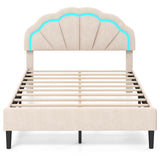 Upholstered LED Bed Frame with Adjustable Flower Headboard and Metal Support Feet-Full Size