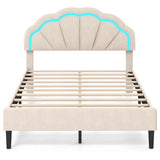 Upholstered LED Bed Frame with Adjustable Flower Headboard and Metal Support Feet-Full Size
